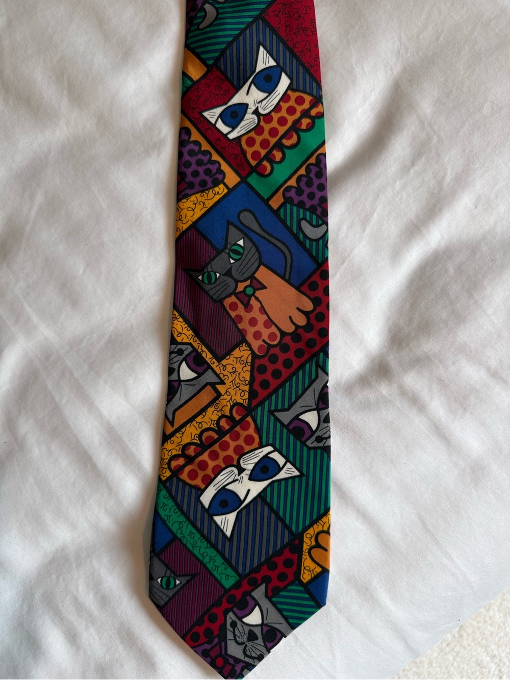 Vintage Romero Brito Abstract Cat 100% Silk Pop Art Multicolor Necktie